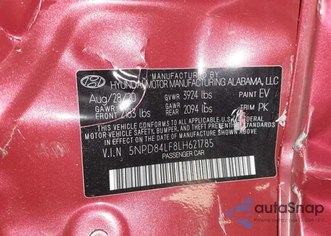 2020 Hyundai Elantra Sel z USA, uszkodzony, nr VIN 5NPD84LF8LH621785